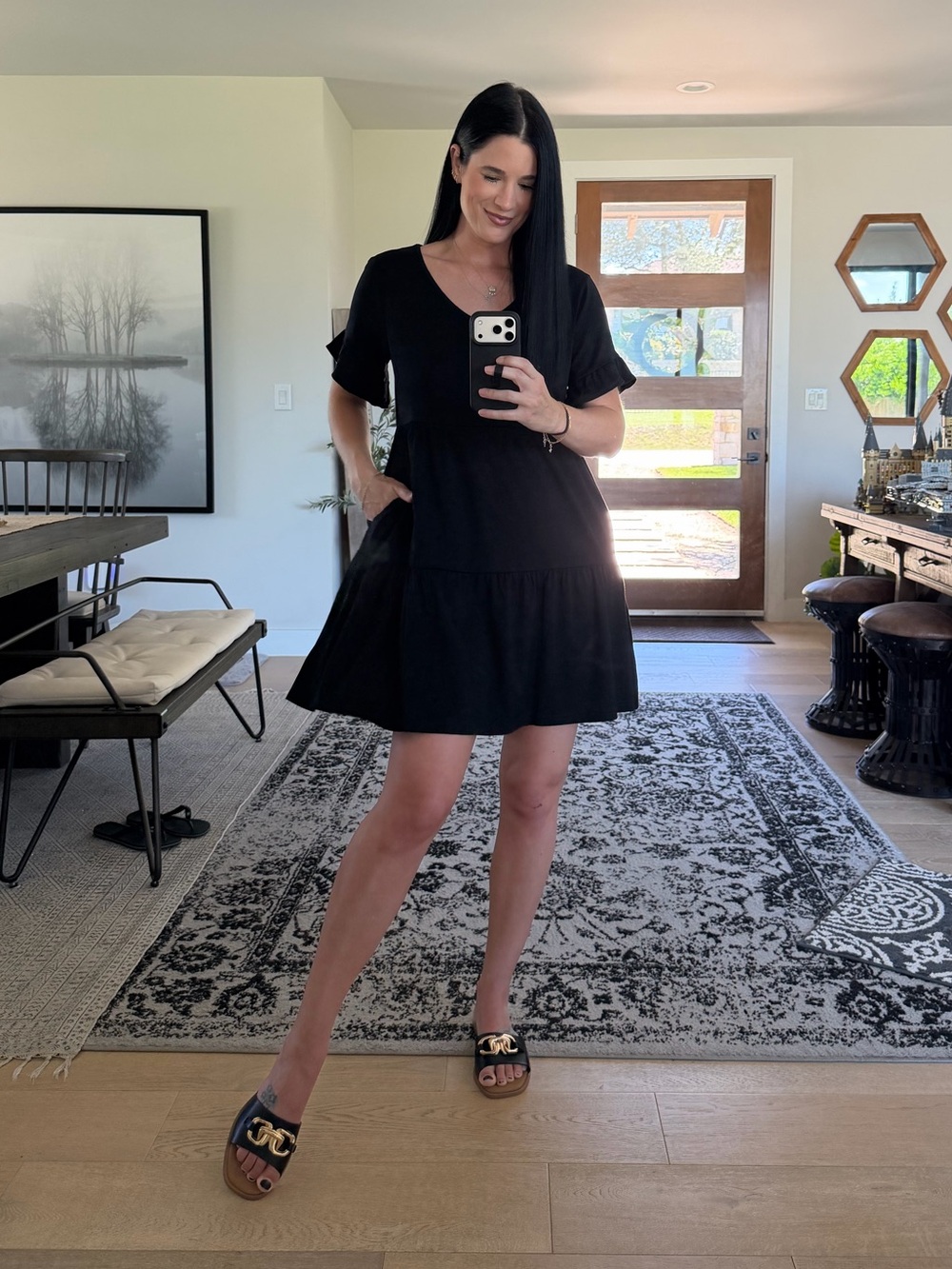 ANRABESS V Neck Ruffle Sleeve Tiered Mini Dress with Pockets - Picture 3 of 9